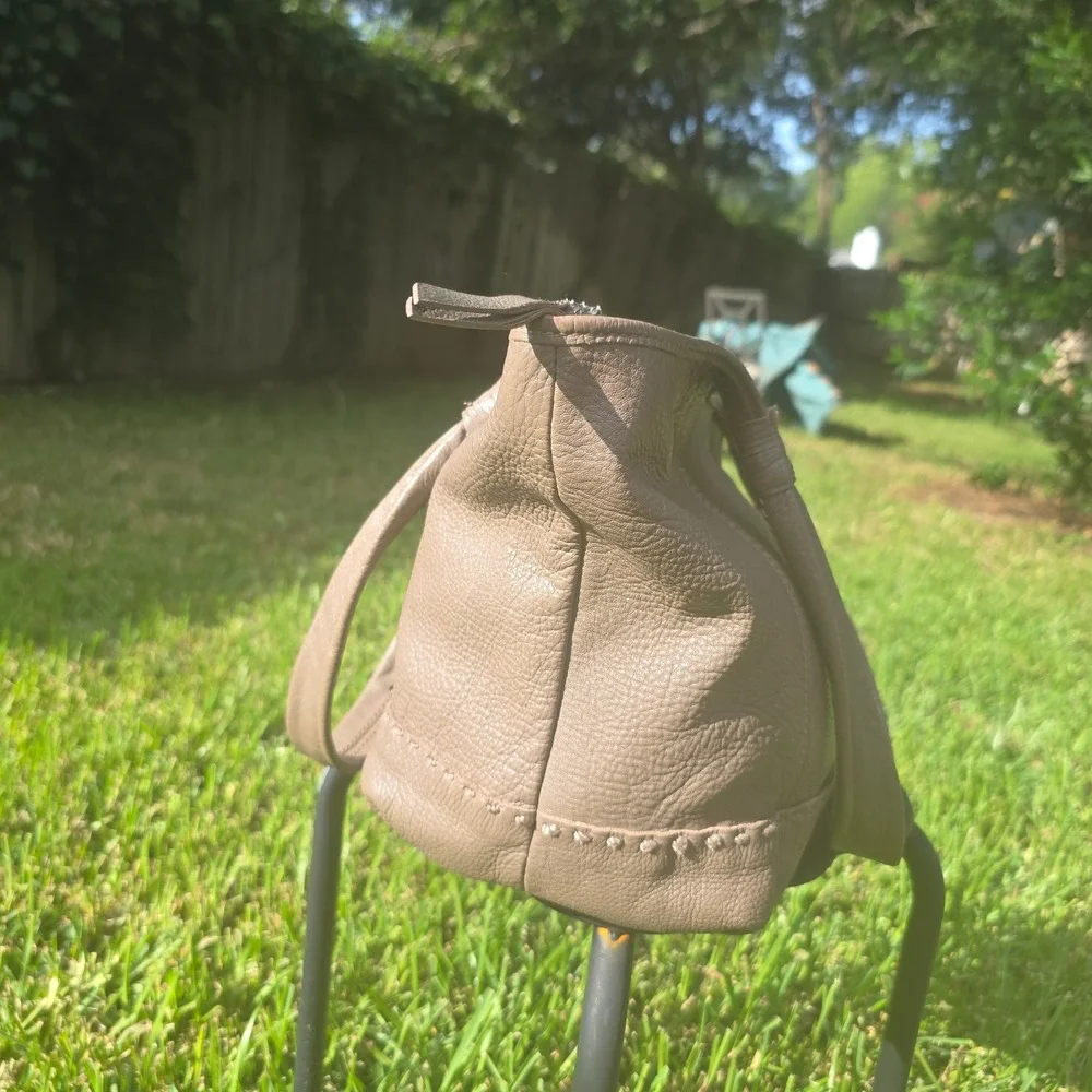 Pebbled Leather Tote Bag Taupe Brown Whipstitch Shoulder Handbag Slouchy Hobo - Picture 6 of 10